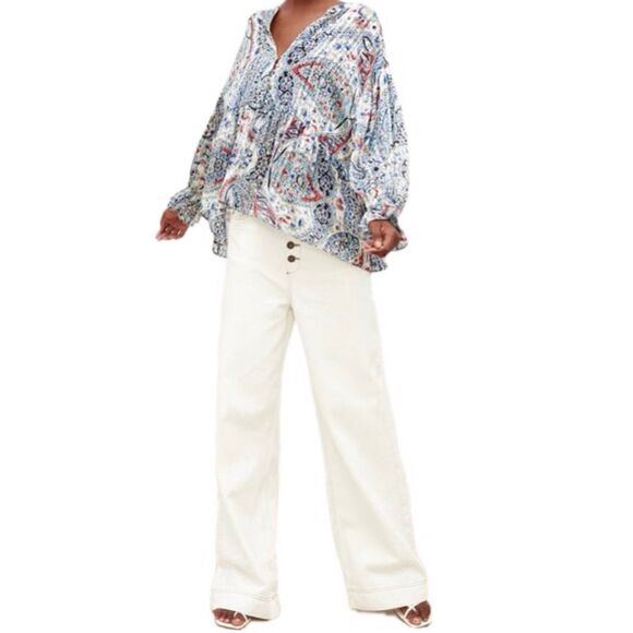 Zara Women's Sheer Paisley Metallic Oversized Bubble Sleeves Hi Lo Hem Blouse S - Picture 2 of 8